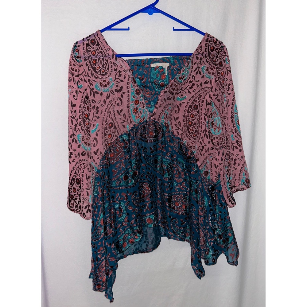 Floreat Anthropologie Paisley Blouse Top XS Pink Teal Boho Festival Flowy